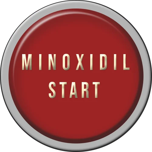 Crveno dugme sa tekstom Minoxidil Start – početak terapije protiv opadanja kose